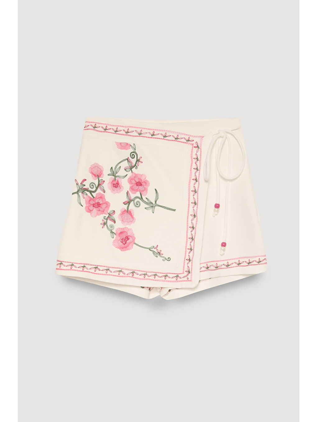 Nakış Çiçek Desenli Bağlamalı Şort Etek Ekru-1