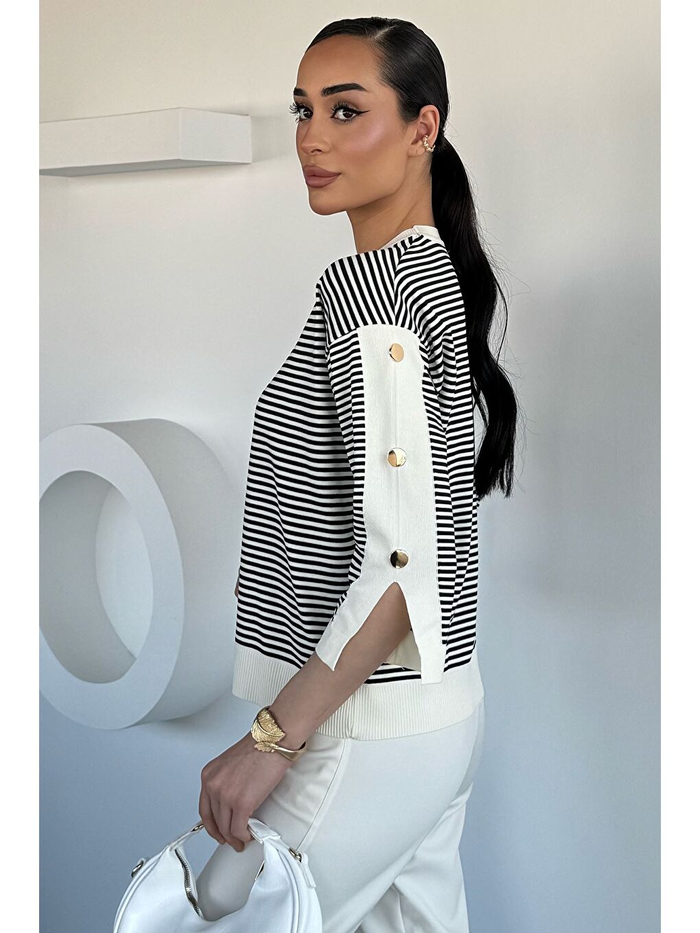 Ekru Kadın Çizgili Triko Bluz-1