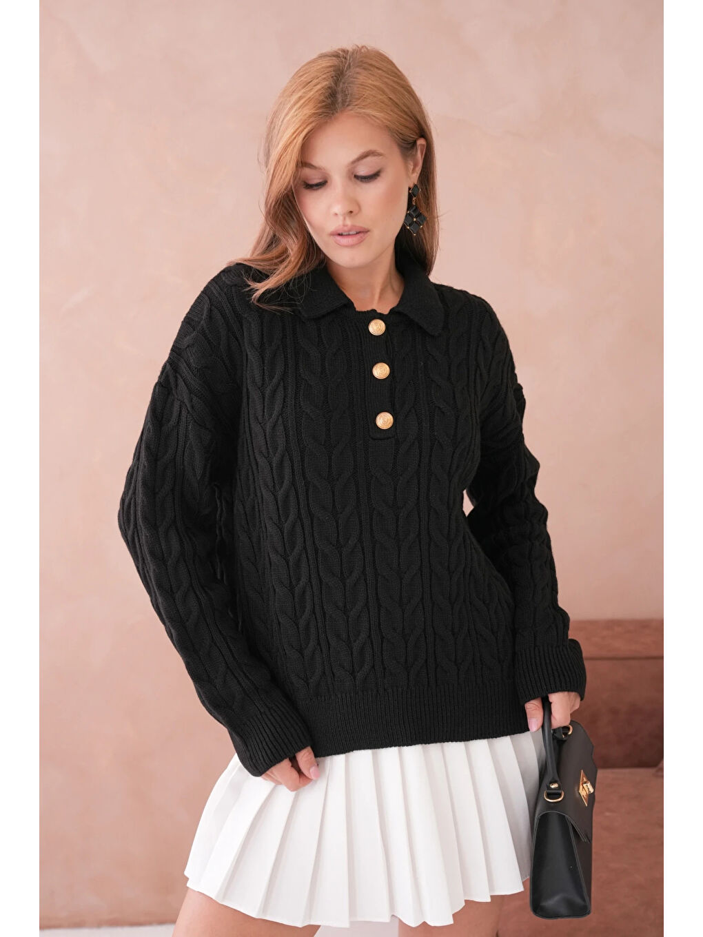 Siyah Kadın Polo Düğme Detay Saç Örgü Triko Kazak
