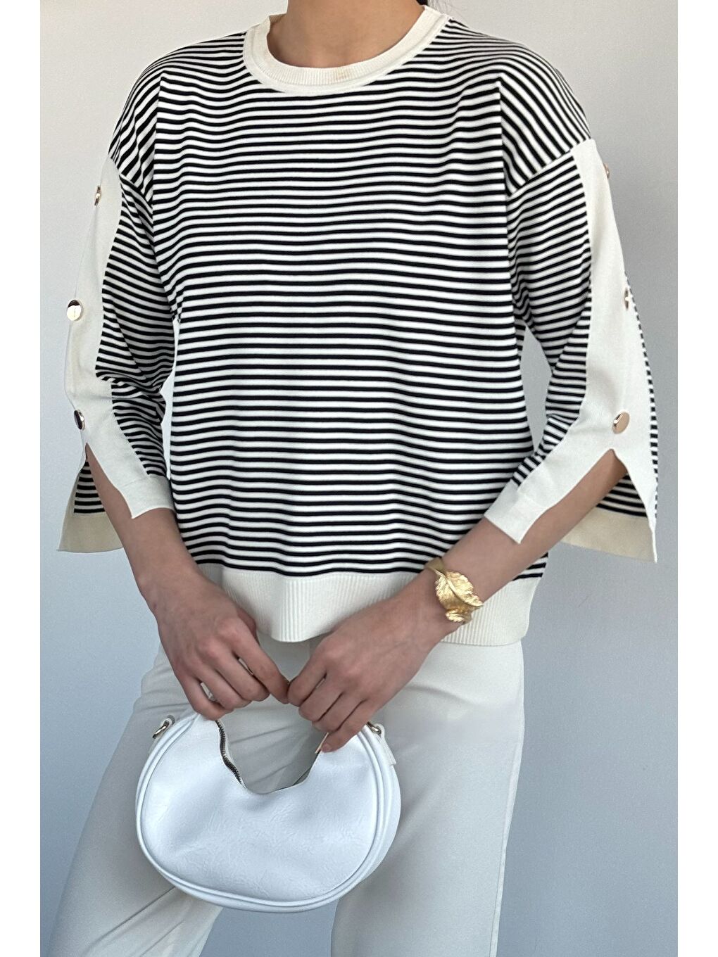 Ekru Kadın Çizgili Triko Bluz-2