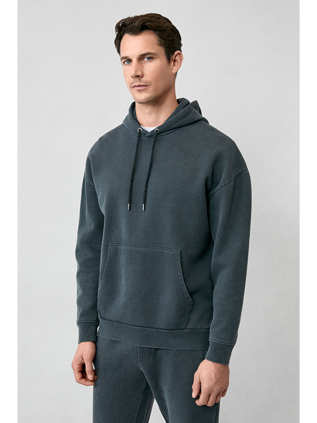 Antrasit Kapüşonlu Oversize Ekstra Rahat Kesim Pamuk Sweatshirt-4