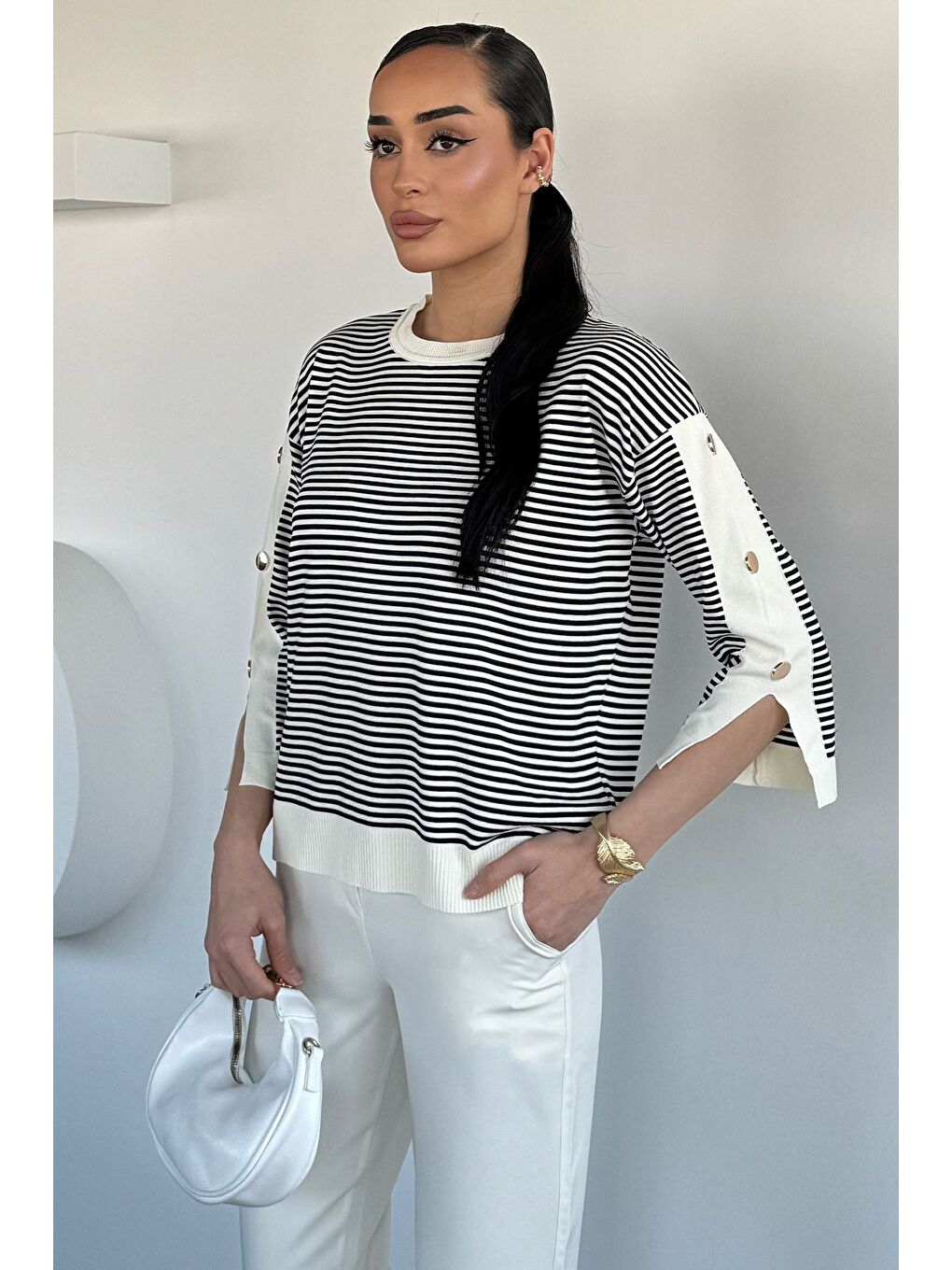 Ekru Kadın Çizgili Triko Bluz-3