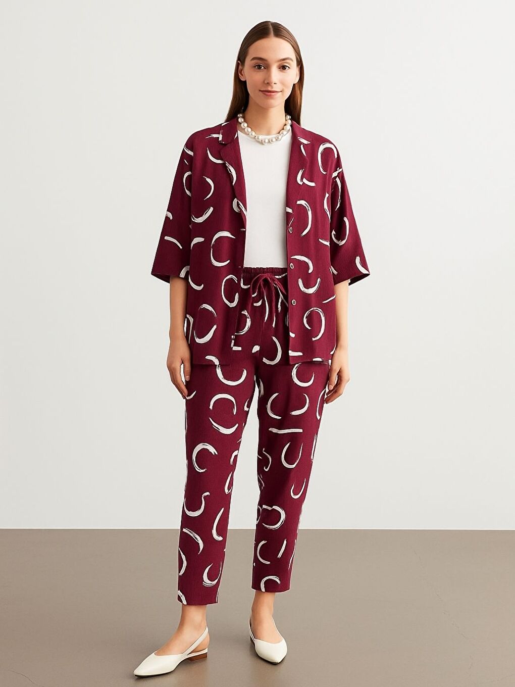 Kadın Bordo Desenli Kimono Gömlek Pantolon Takım
