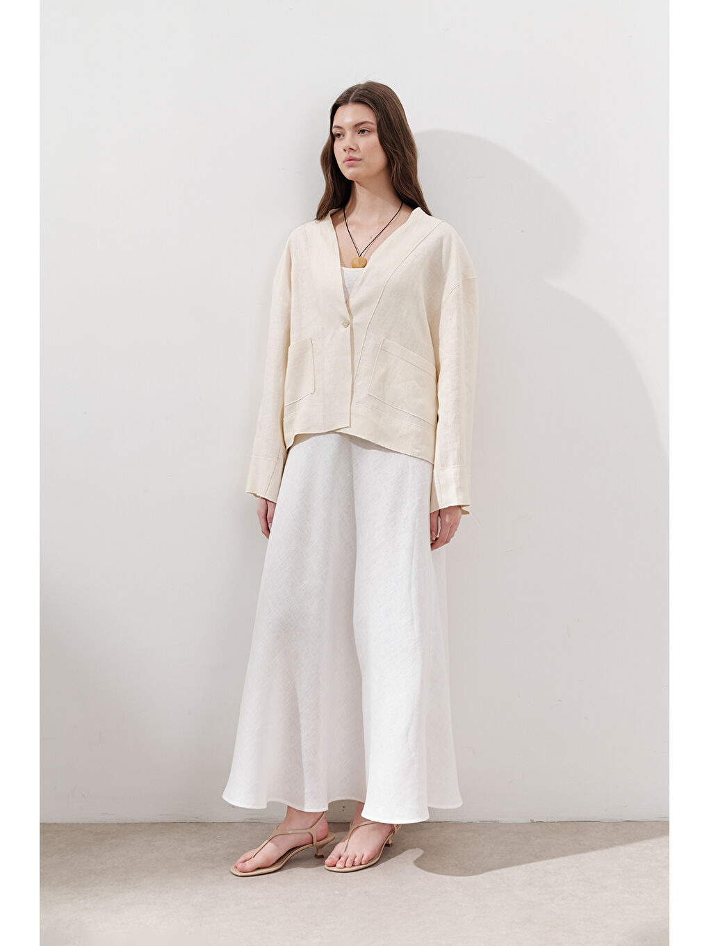 Bej Keten Tek Düğmeli Bluz Vanilya-1