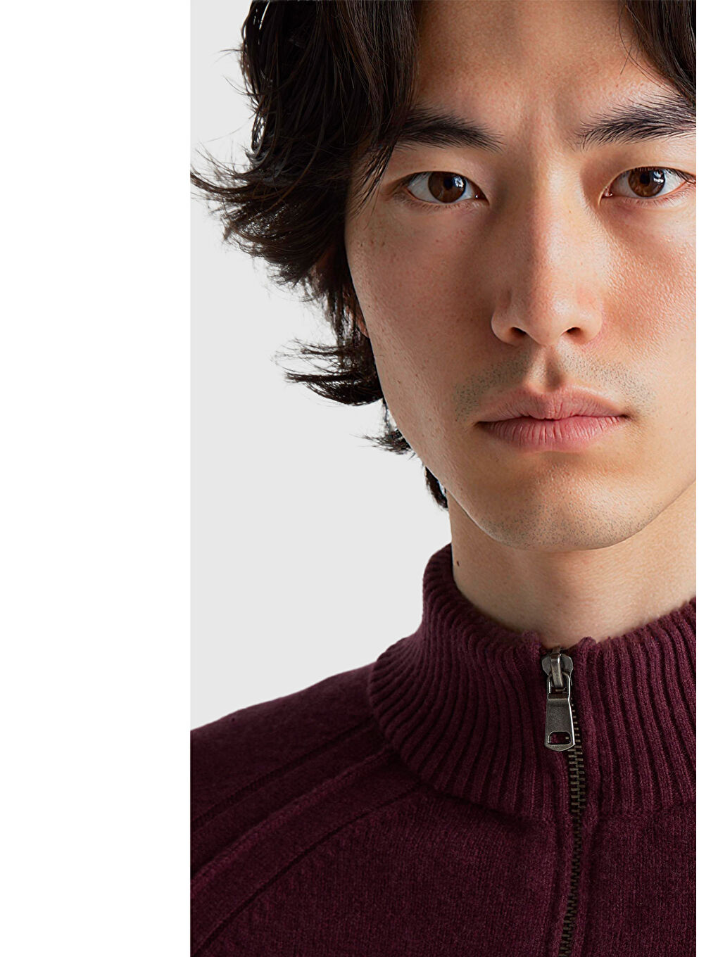 Erkek Mürdüm %100 Yün Fermuar Detaylı Dik Yaka Kazak-2