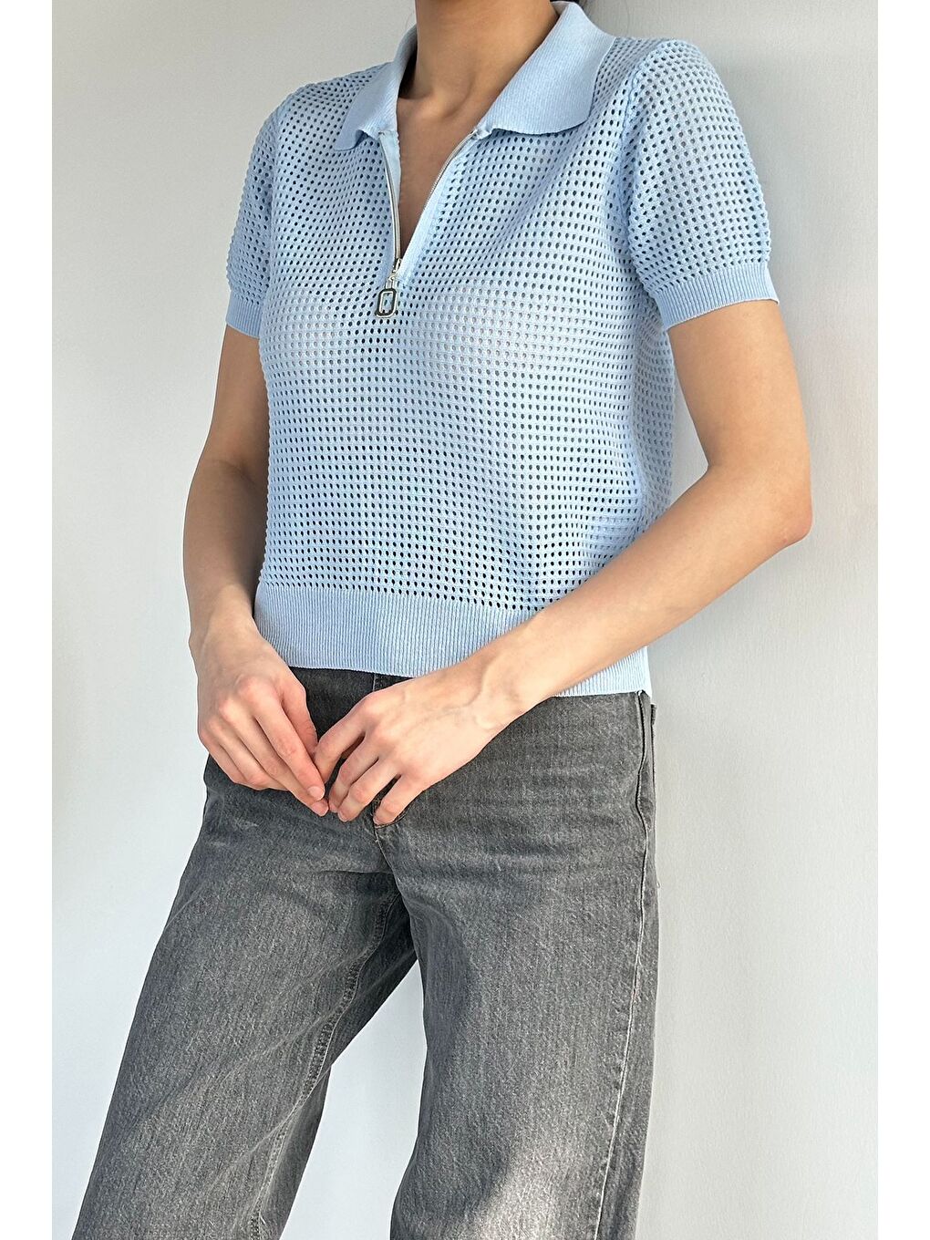 Mavi Kadın Polo Yaka Yarım Fermuarlı Triko Bluz-1
