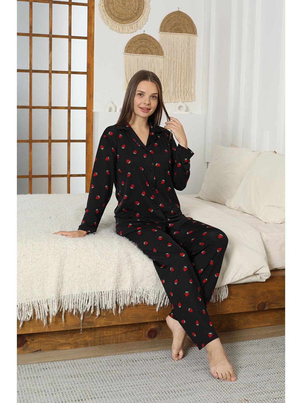 Siyah Desenli Kadın Pijama Takımı 3308-1