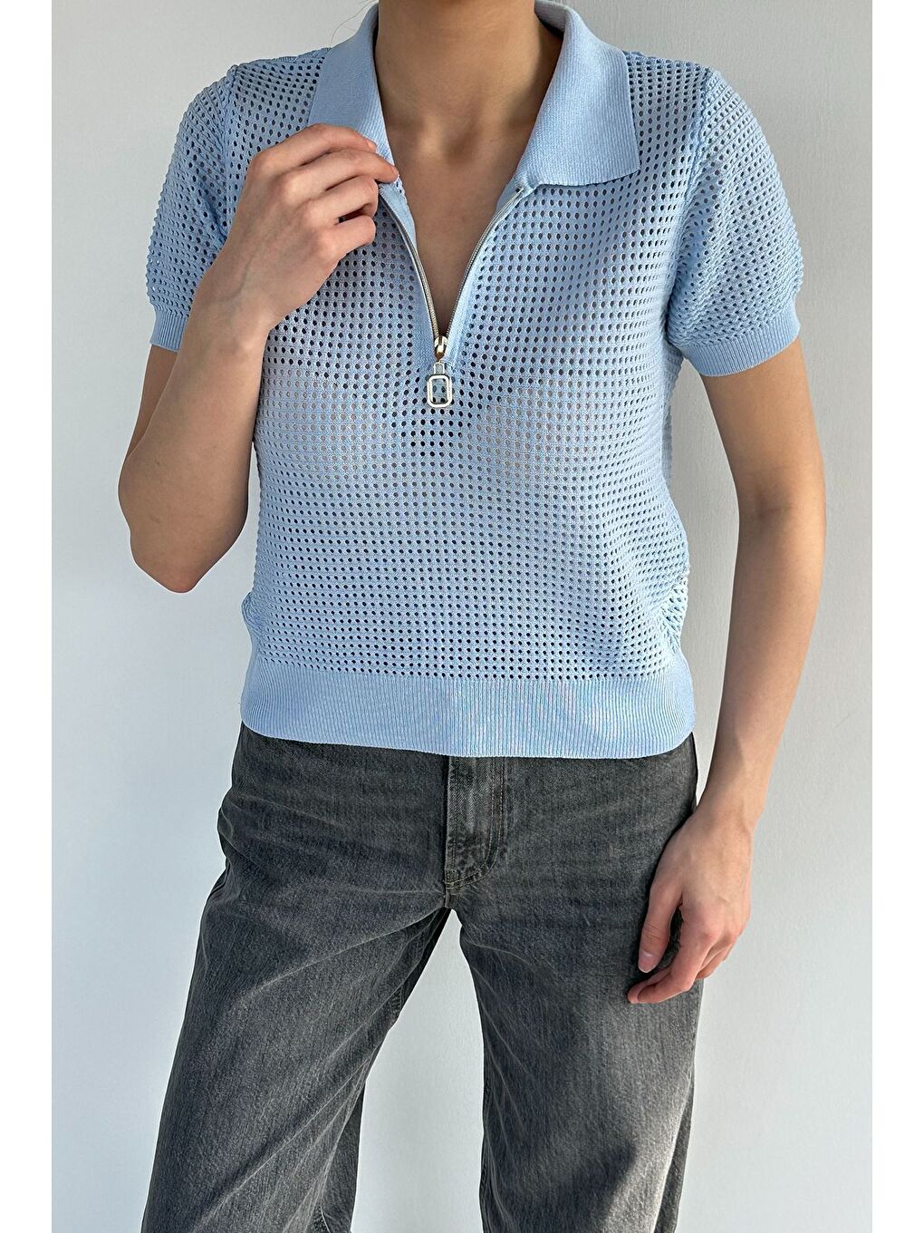 Mavi Kadın Polo Yaka Yarım Fermuarlı Triko Bluz-2