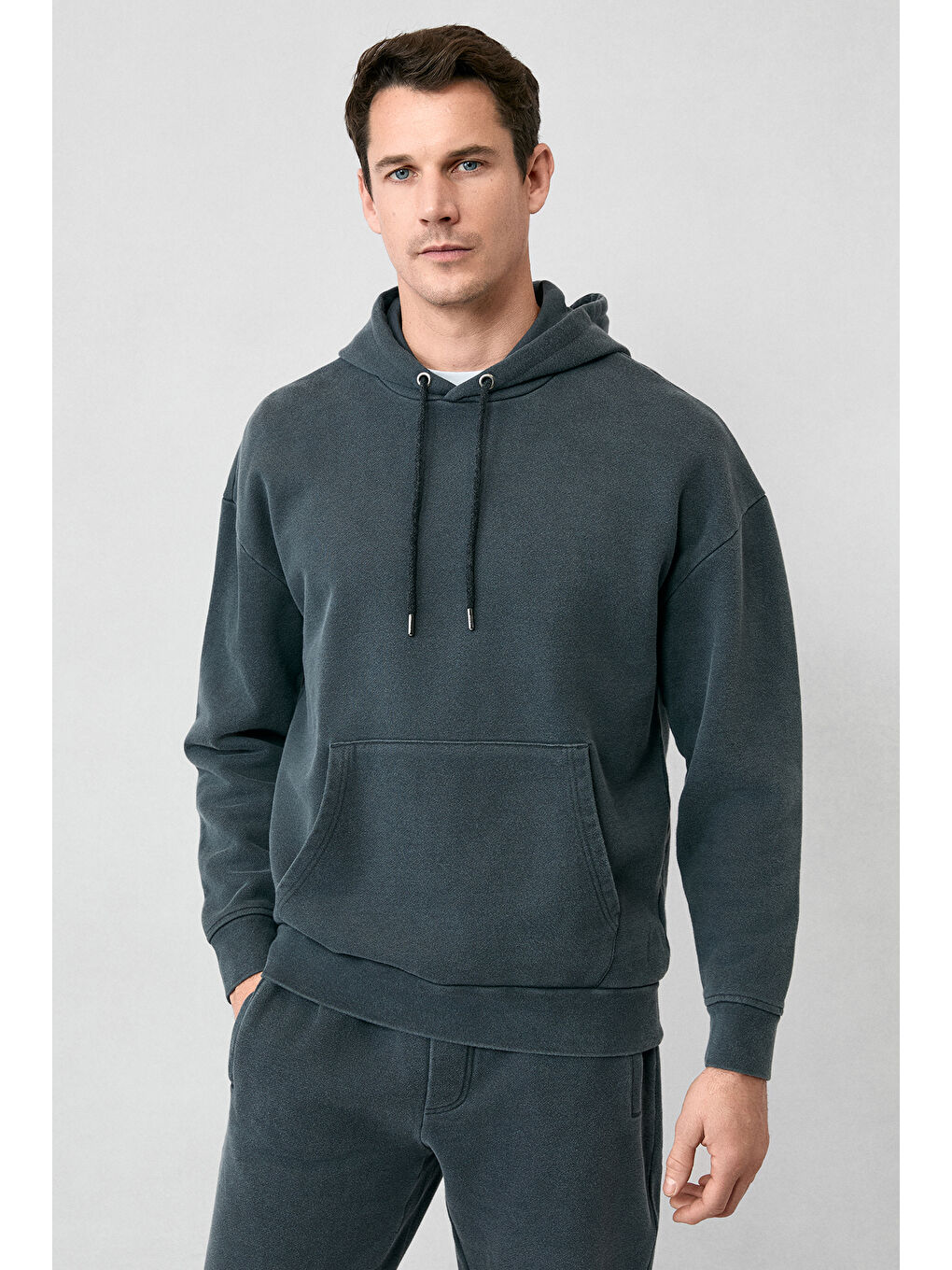Antrasit Kapüşonlu Oversize Ekstra Rahat Kesim Pamuk Sweatshirt-5