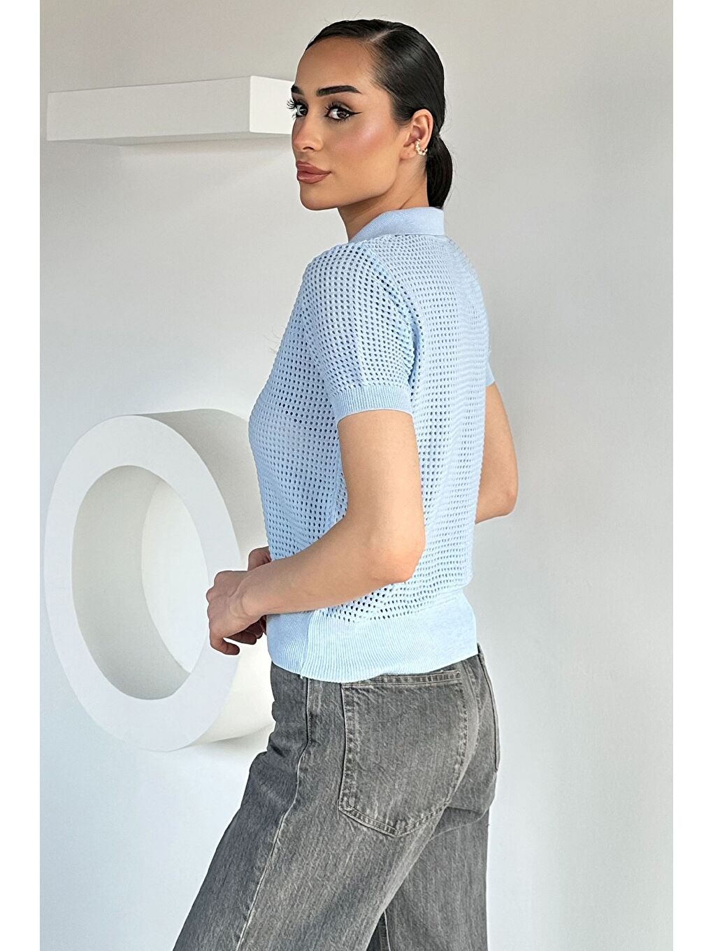 Mavi Kadın Polo Yaka Yarım Fermuarlı Triko Bluz-3