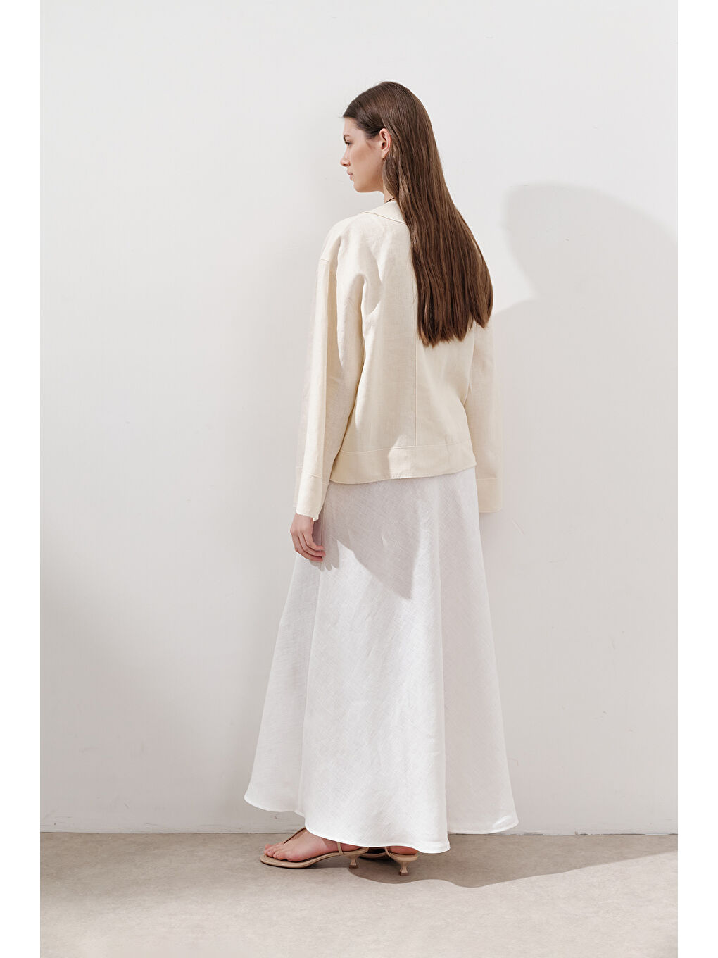 Bej Keten Tek Düğmeli Bluz Vanilya-4