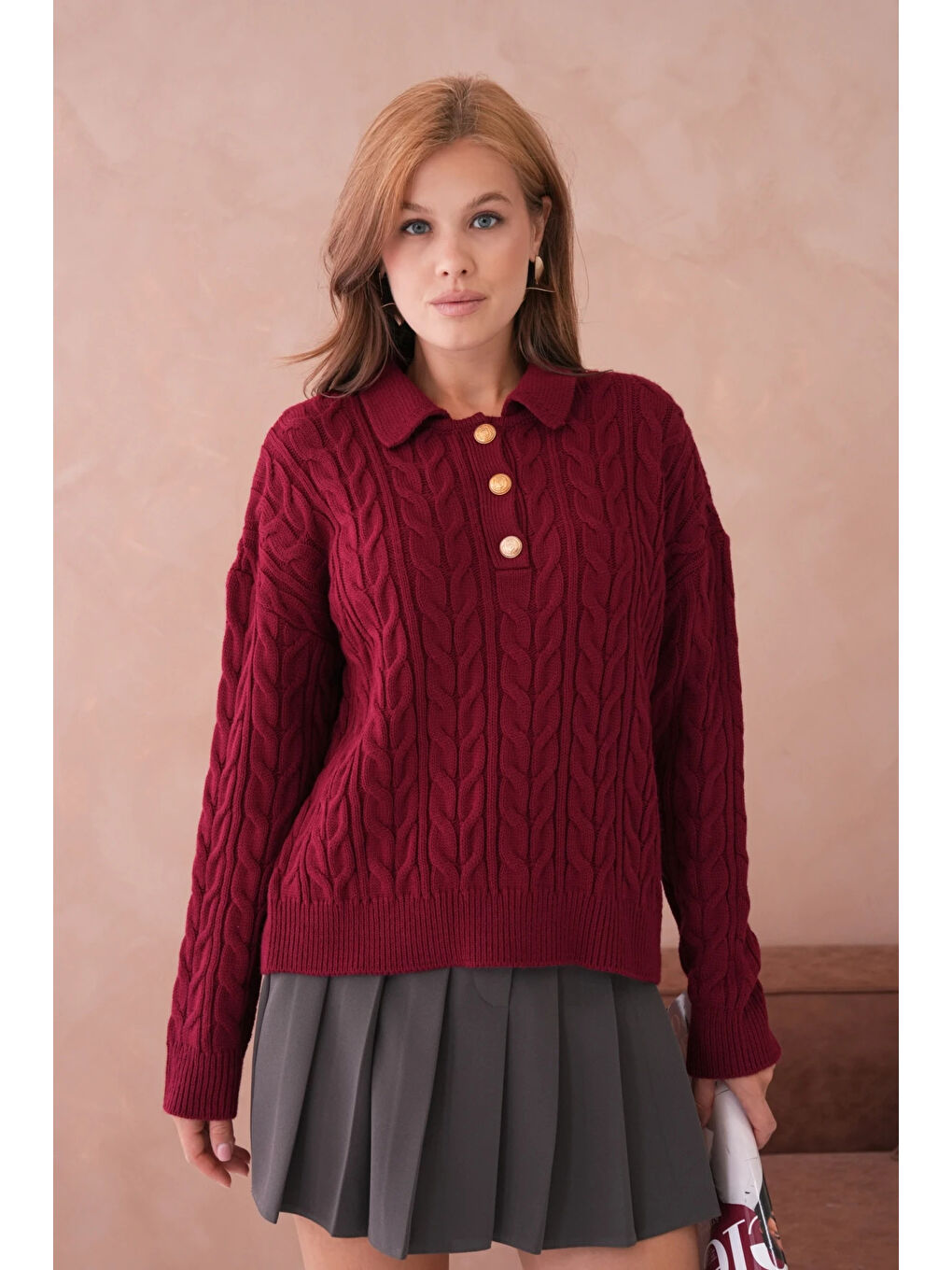 Bordo Kadın Polo Düğme Detay Saç Örgü Triko Kazak