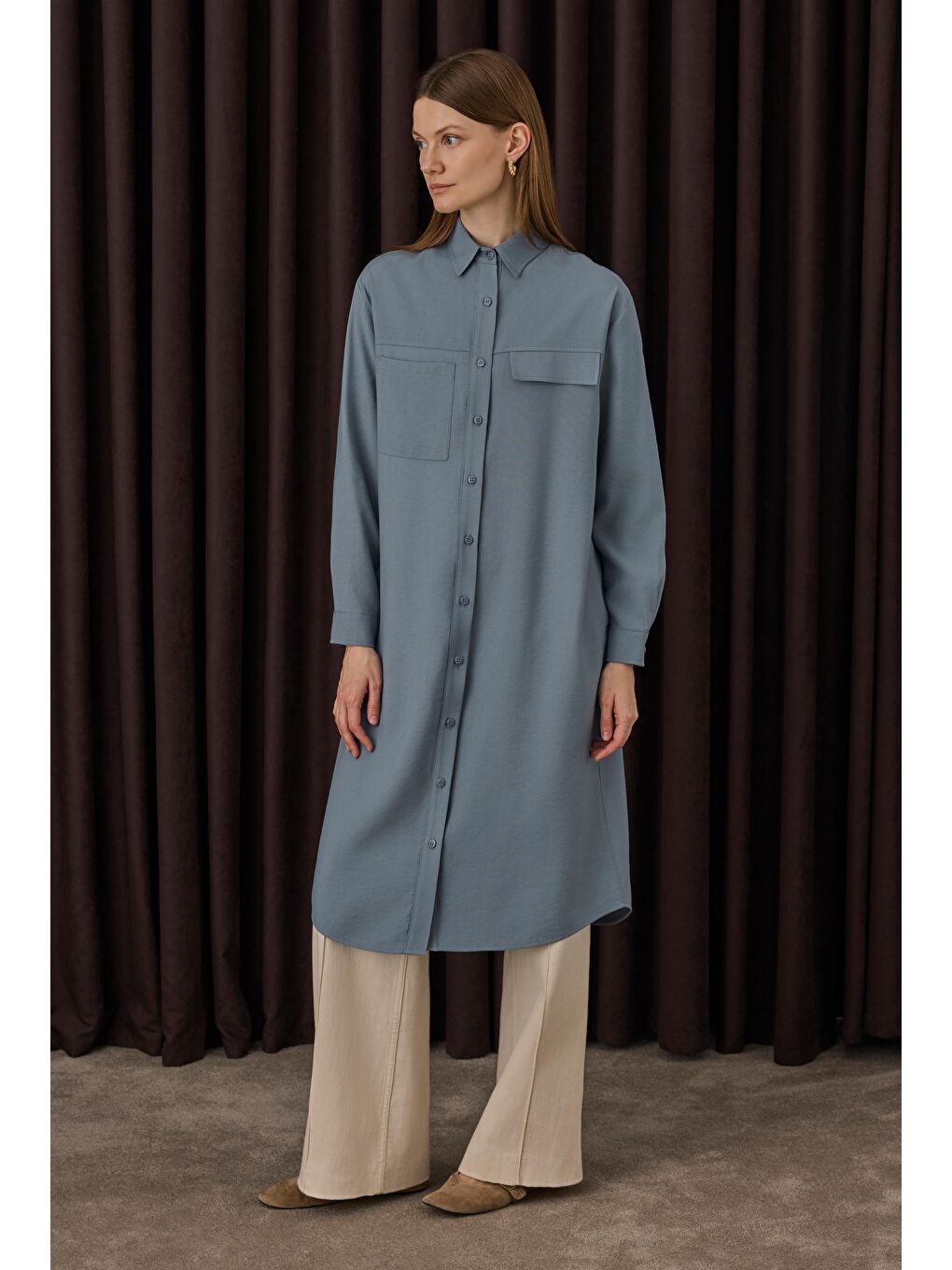 Lila Cep Detaylı Uzun Gömlek Lavanta Mavi-1