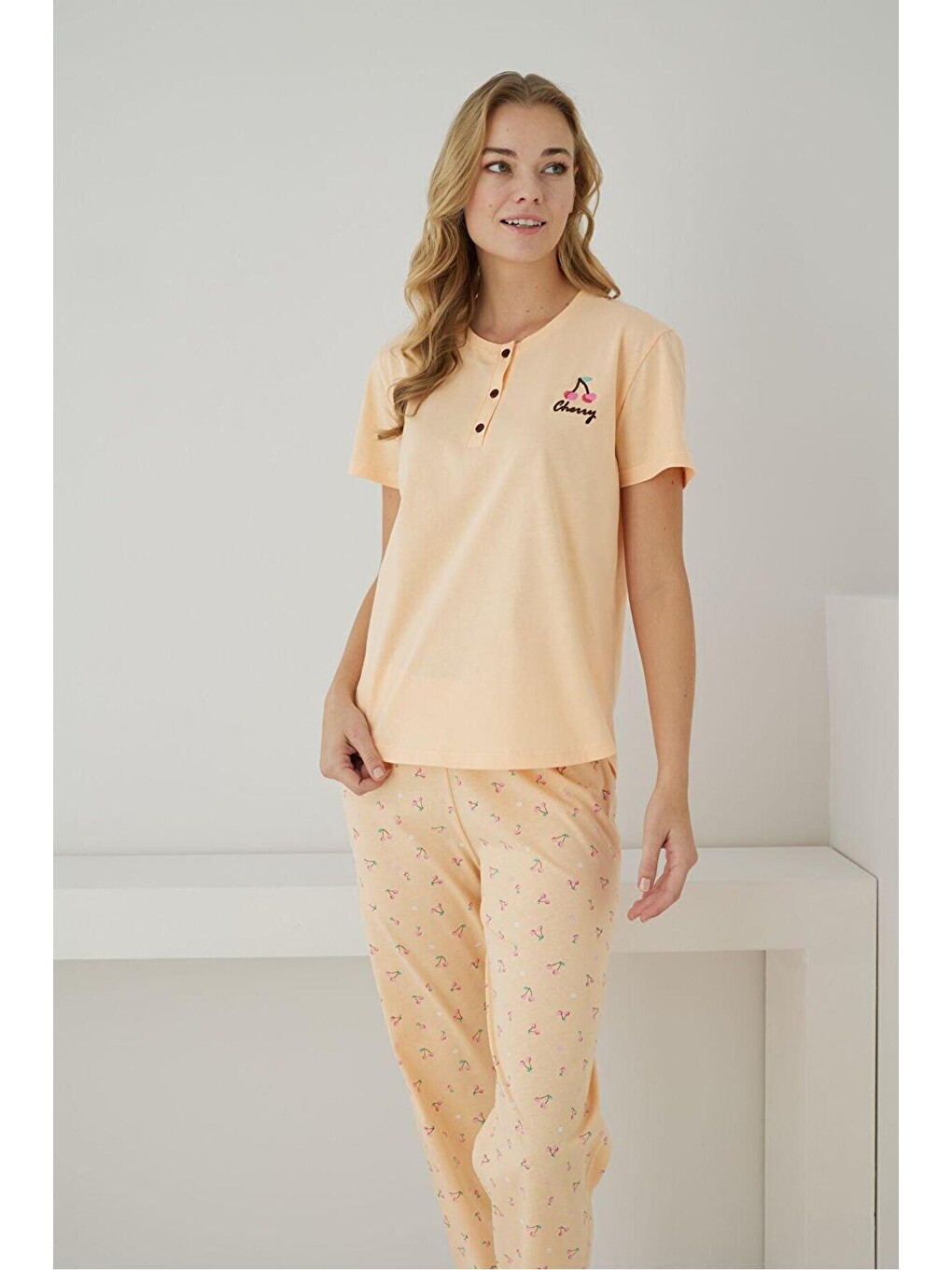 Pembe Kadın %100 Organik Doğal Pamuk Büyük Beden Desenli Kısa Kollu Battal Pijama Takımı-3