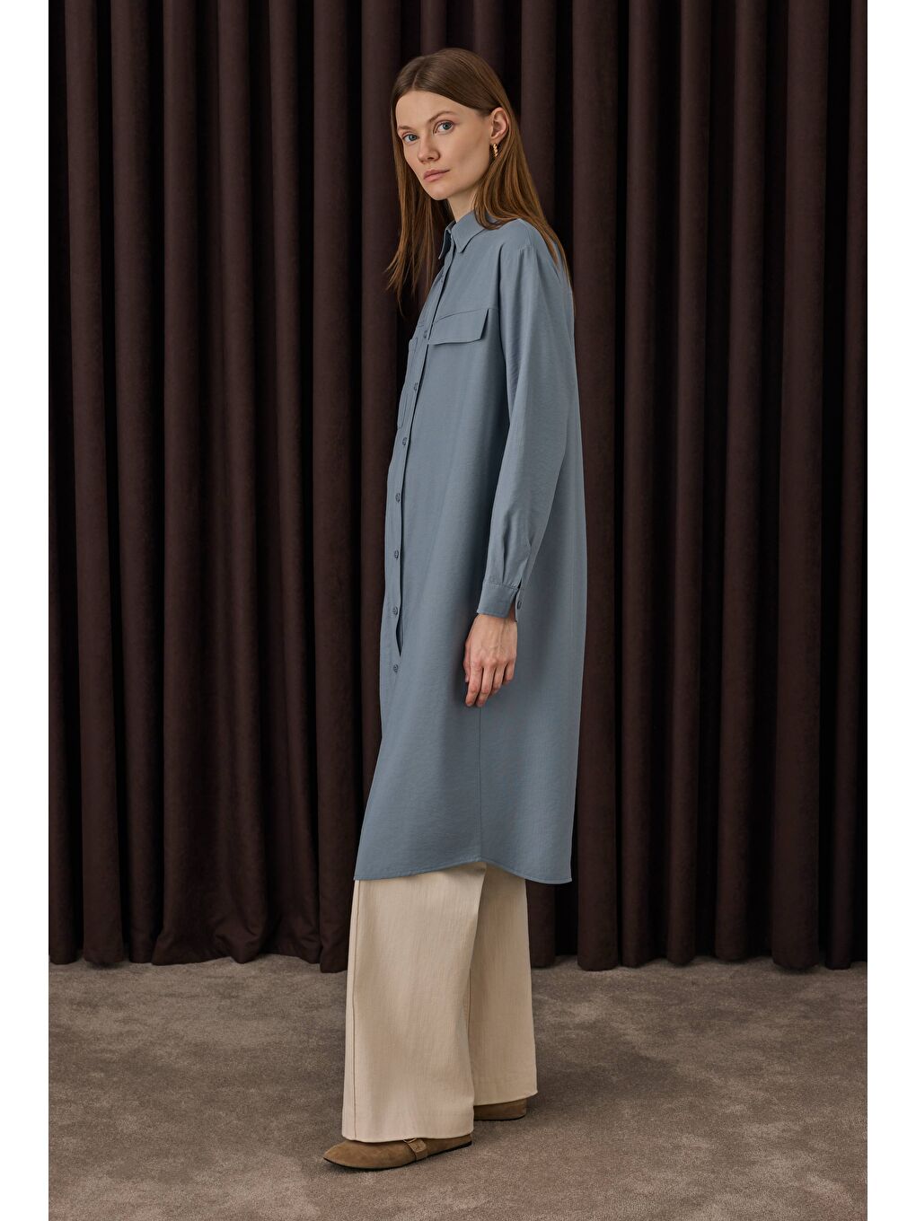 Lila Cep Detaylı Uzun Gömlek Lavanta Mavi-2