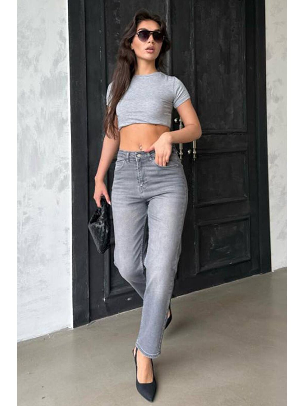 Gri Yüksek Bel Kadın Mom Fit Pantolon Mg2389