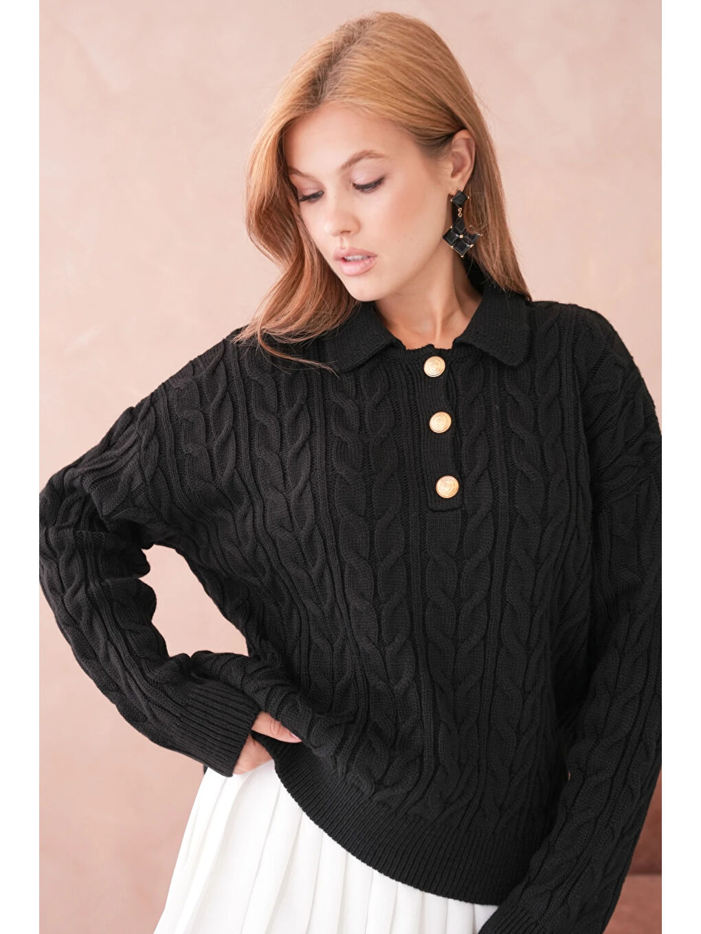 Siyah Kadın Polo Düğme Detay Saç Örgü Triko Kazak-1