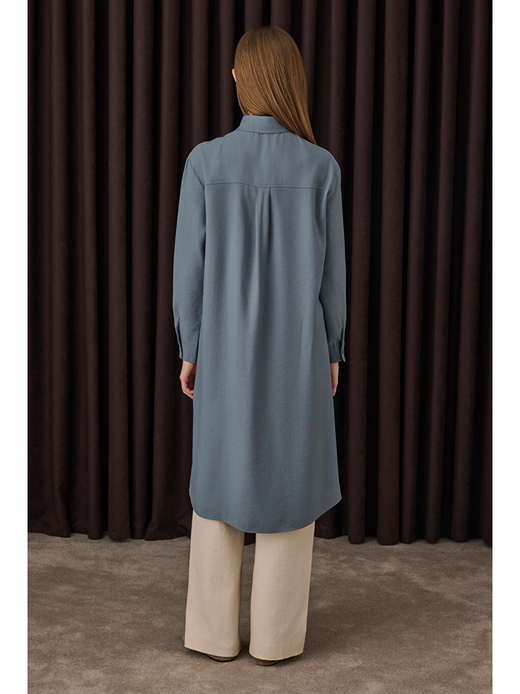 Lila Cep Detaylı Uzun Gömlek Lavanta Mavi-3