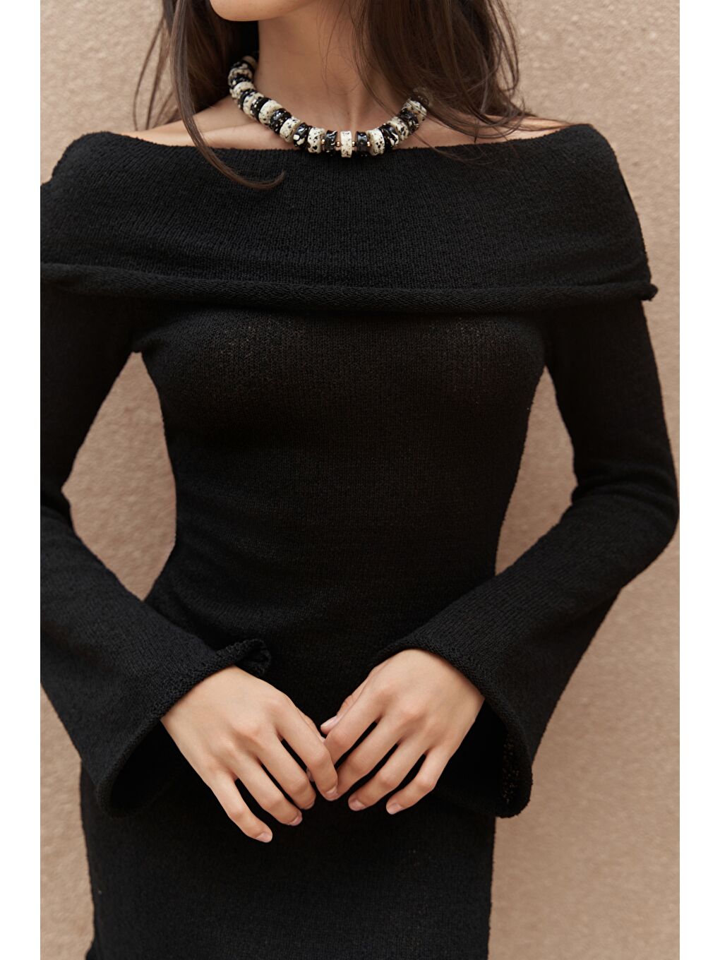 Kirana Carmen Yaka Siyah Mini Triko Elbise-7