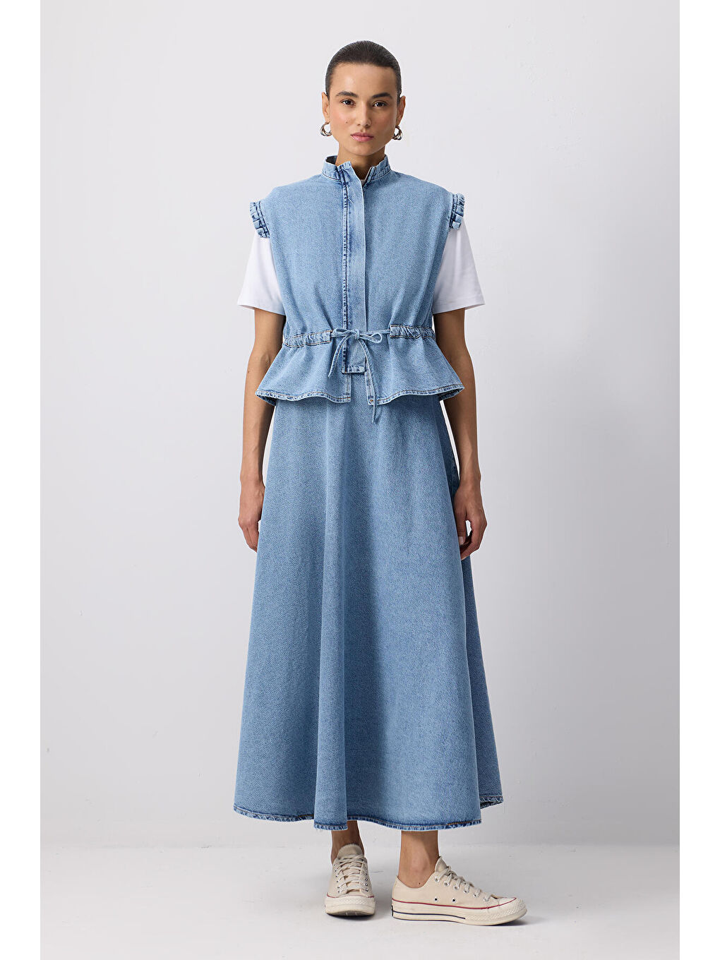 Mavi Beli Bağlamalı Denim Yelek Etek Takım