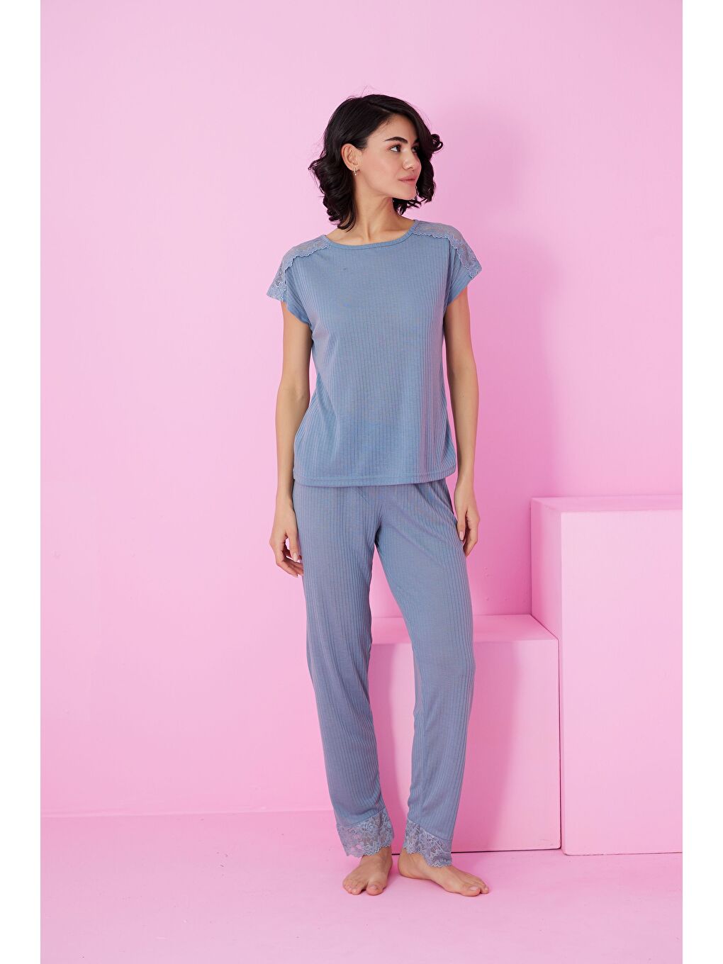 İndigo Soft Touch İnce Mevsimlik Dantel Detaylı Örme Pijama Takım7864-1