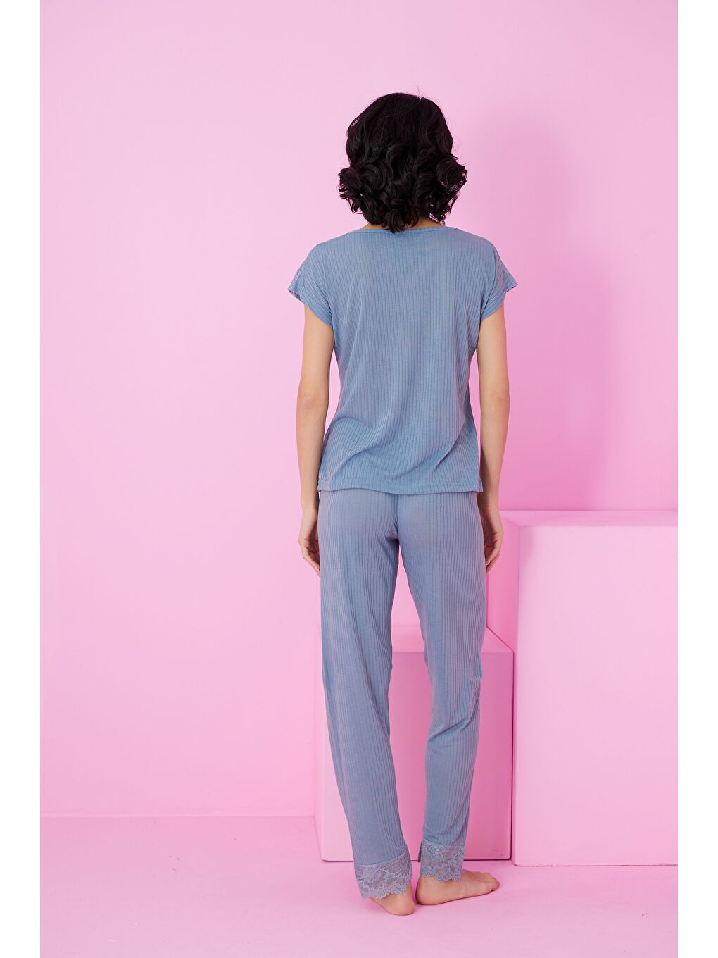 İndigo Soft Touch İnce Mevsimlik Dantel Detaylı Örme Pijama Takım7864-2