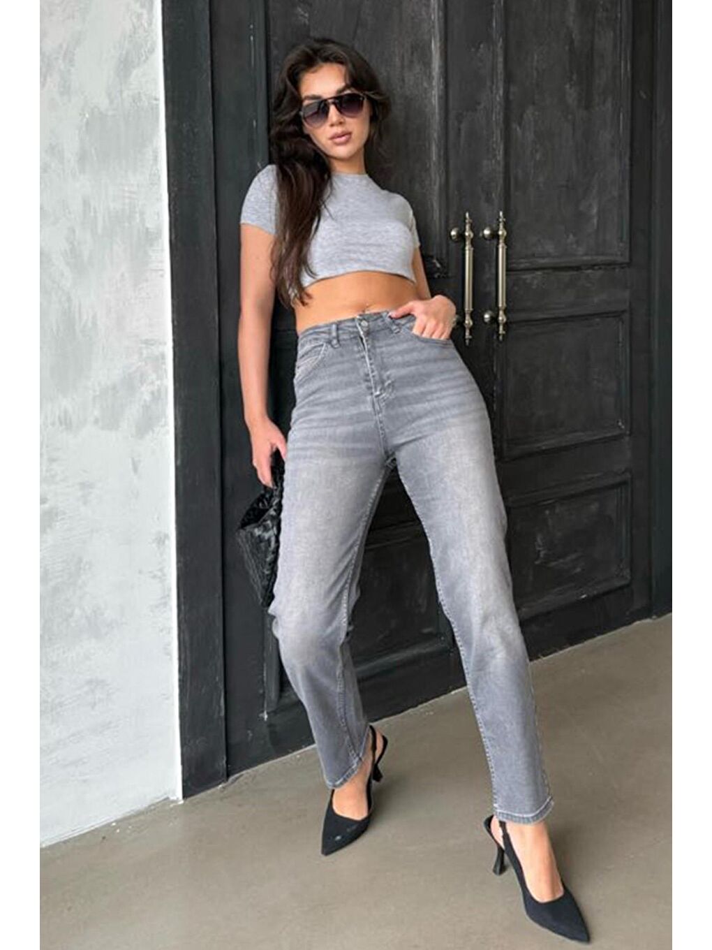 Gri Yüksek Bel Kadın Mom Fit Pantolon Mg2389-1