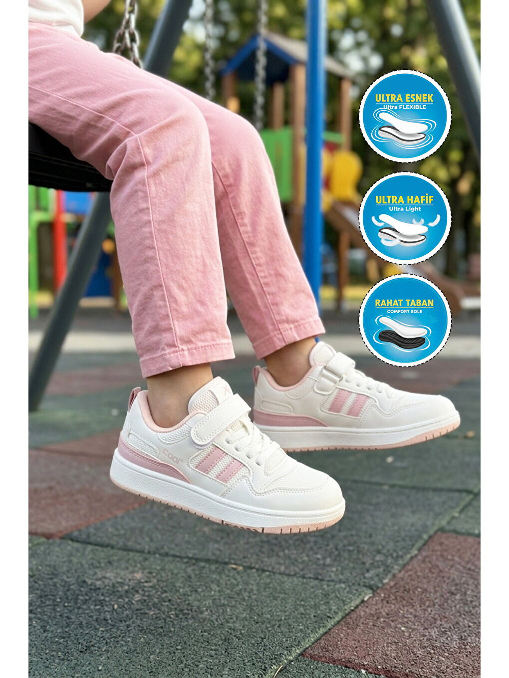 Beyaz Pudra Fileli Hafif Cırtlı Kız Çocuk Spor Ayakkabı Stella F-2