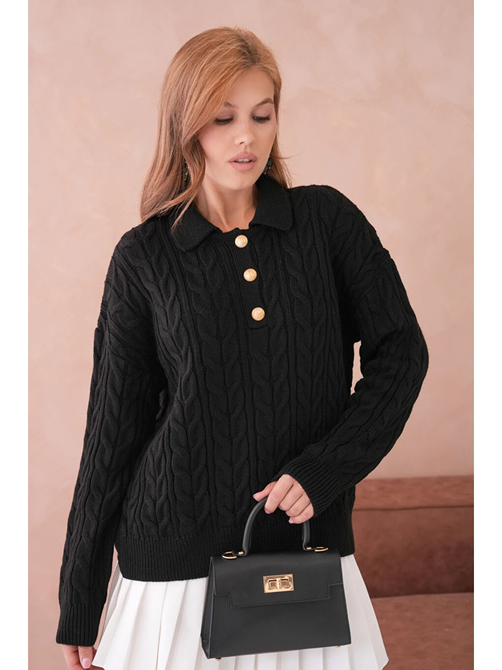 Siyah Kadın Polo Düğme Detay Saç Örgü Triko Kazak-3