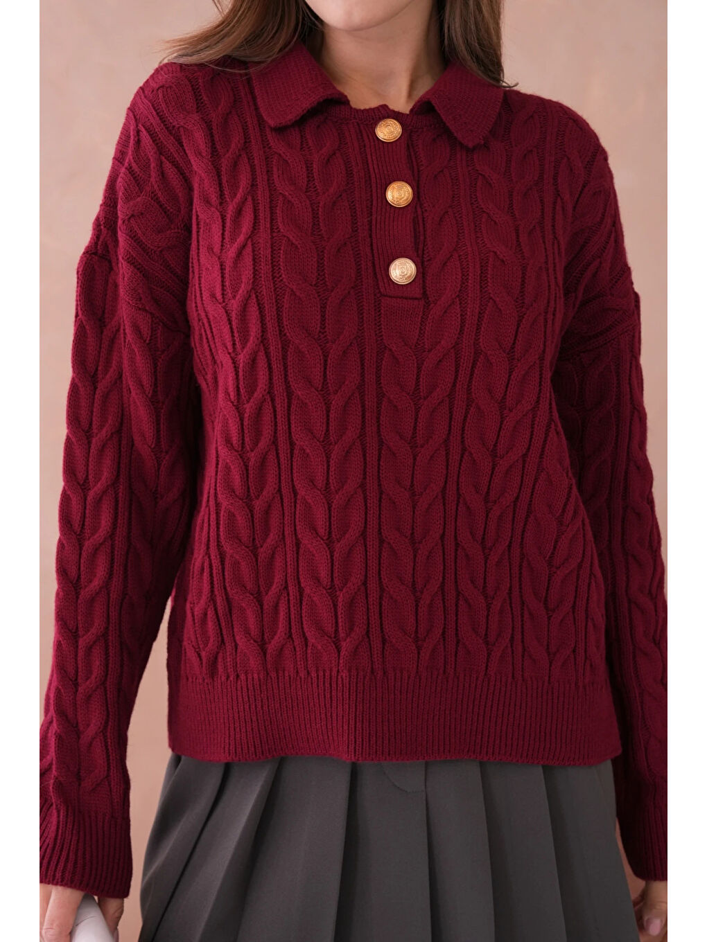 Bordo Kadın Polo Düğme Detay Saç Örgü Triko Kazak-1