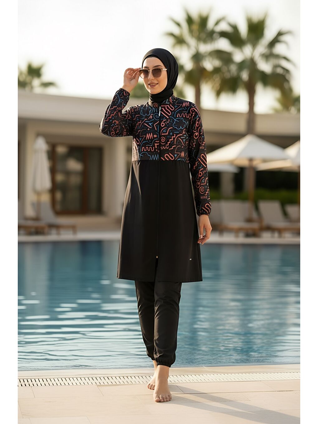 Siyah Hızlı Kuruyan Paraşüt Kumaş Büyük Beden Tam Kapalı Tesettür Mayo 22110-1