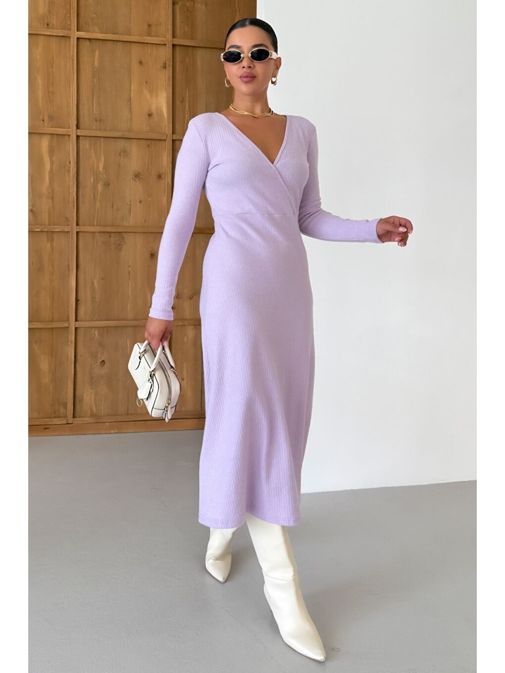 Mor Kadın Eflatun Kruvaze Yakalı Uzun Kollu Midi Boy İnterlok Elbise