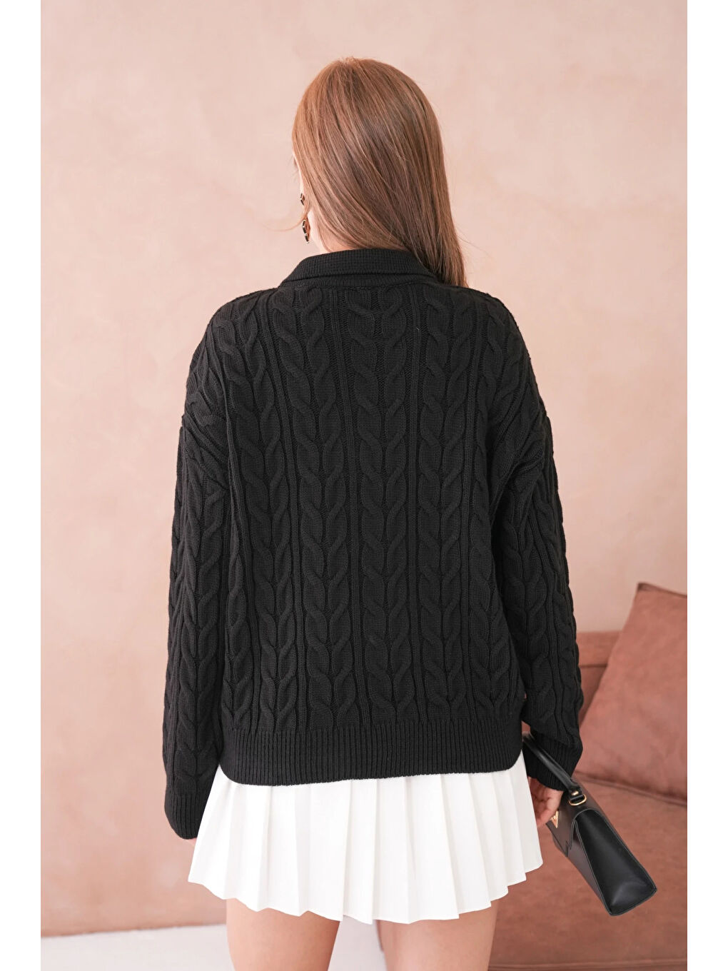 Siyah Kadın Polo Düğme Detay Saç Örgü Triko Kazak-4