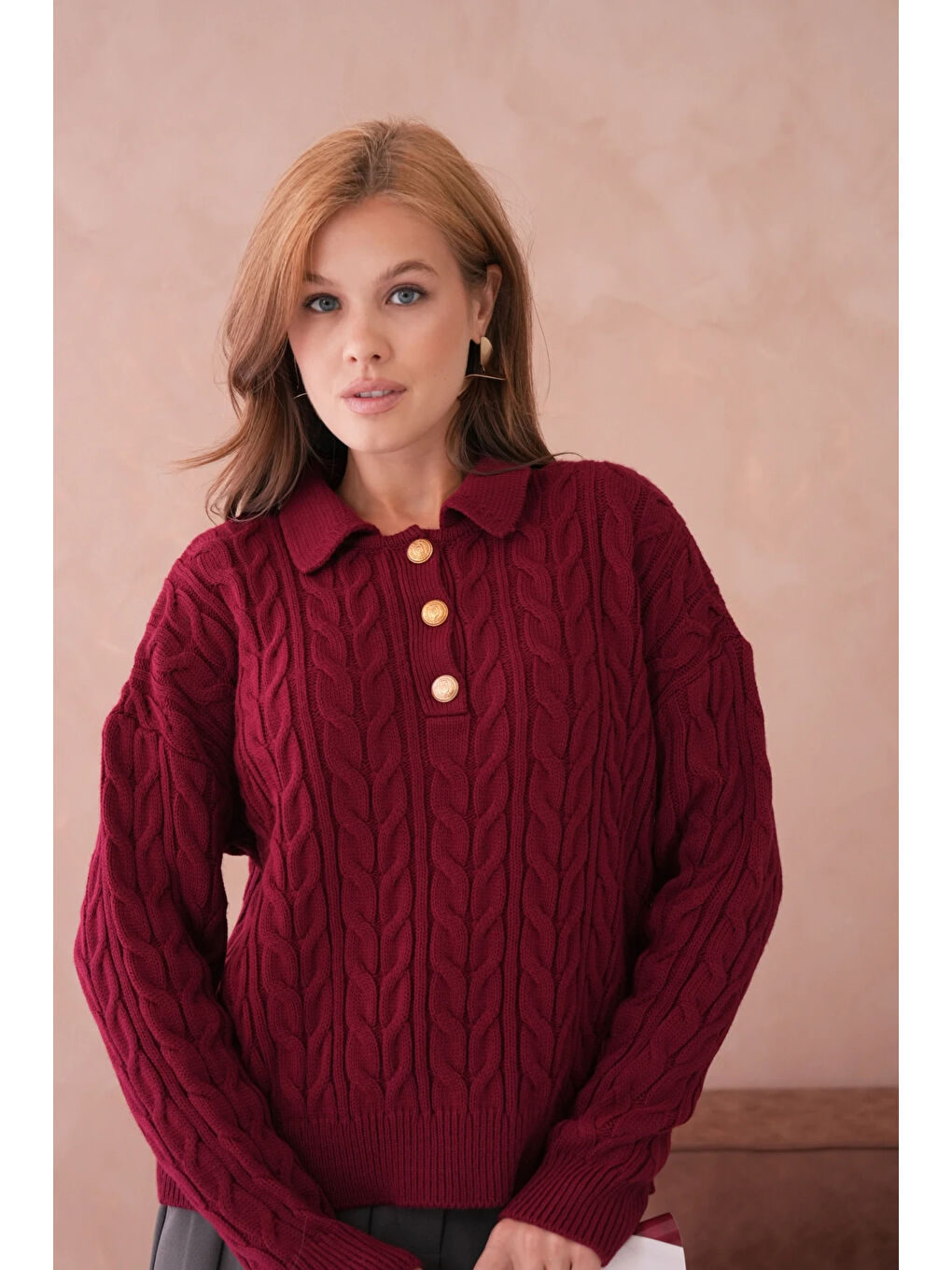 Bordo Kadın Polo Düğme Detay Saç Örgü Triko Kazak-2