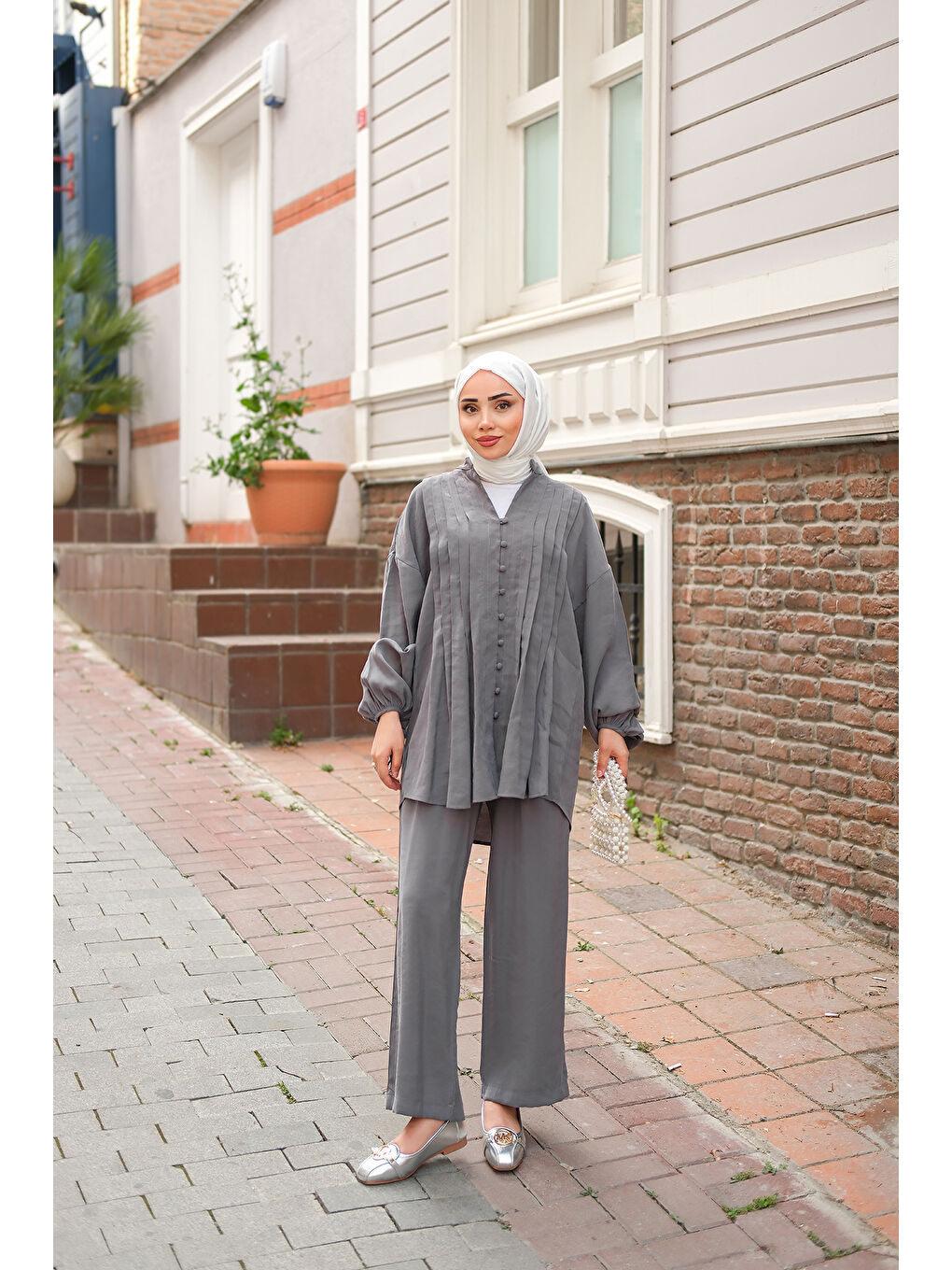 Kadın Süs Dikişli Büzgülü Takım Antrasit