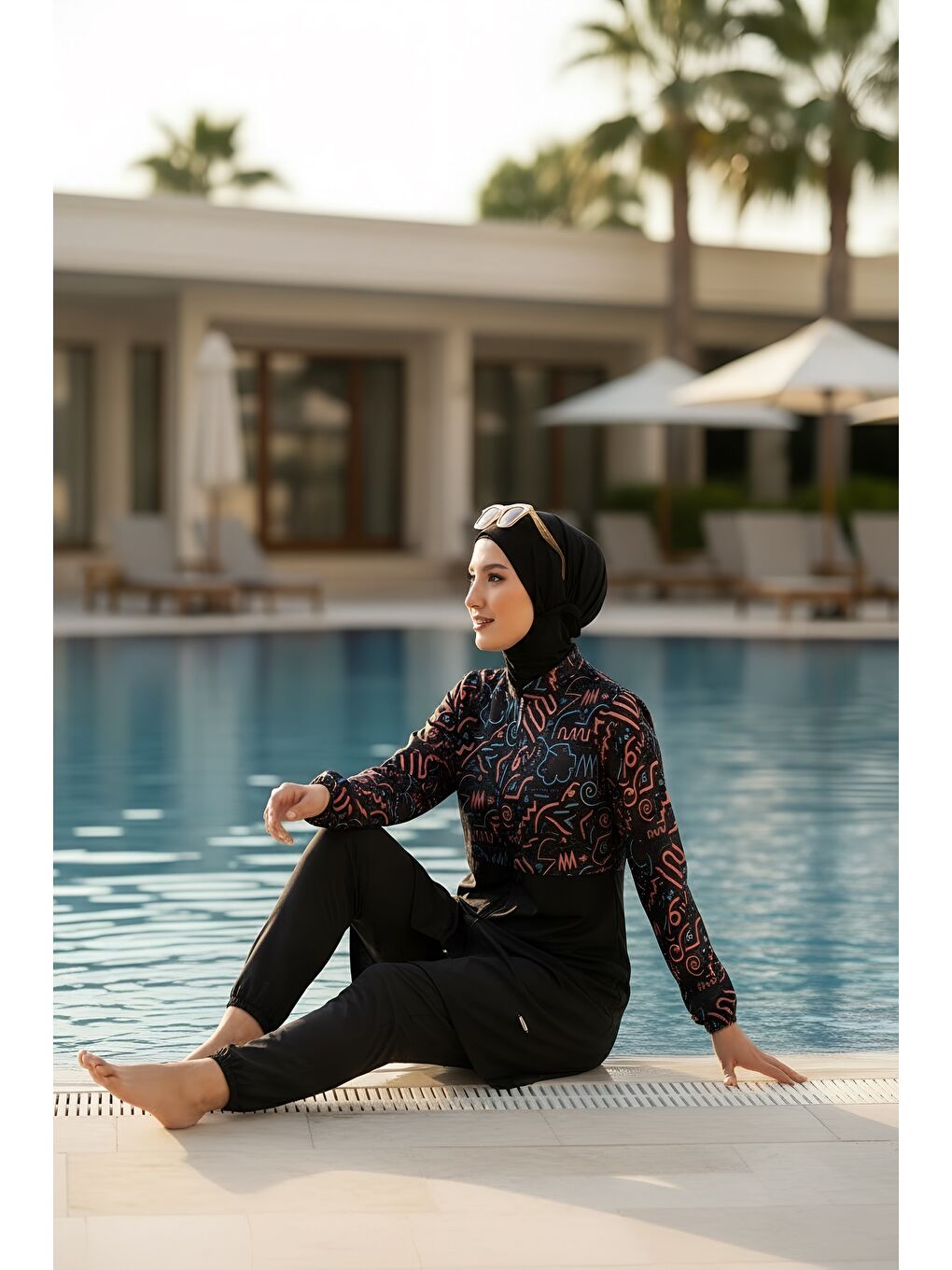 Siyah Hızlı Kuruyan Paraşüt Kumaş Büyük Beden Tam Kapalı Tesettür Mayo 22110-3