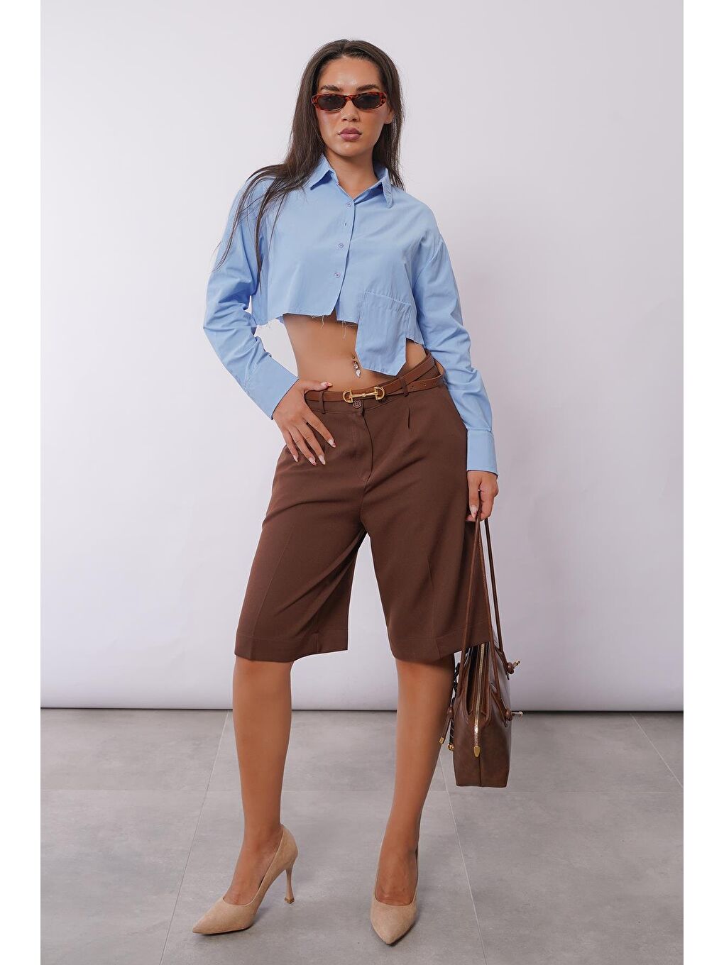 Kahverengi Pileli Kadın Bermuda Şort Mg2483-1