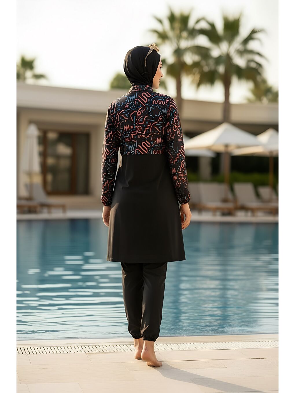 Siyah Hızlı Kuruyan Paraşüt Kumaş Büyük Beden Tam Kapalı Tesettür Mayo 22110-4