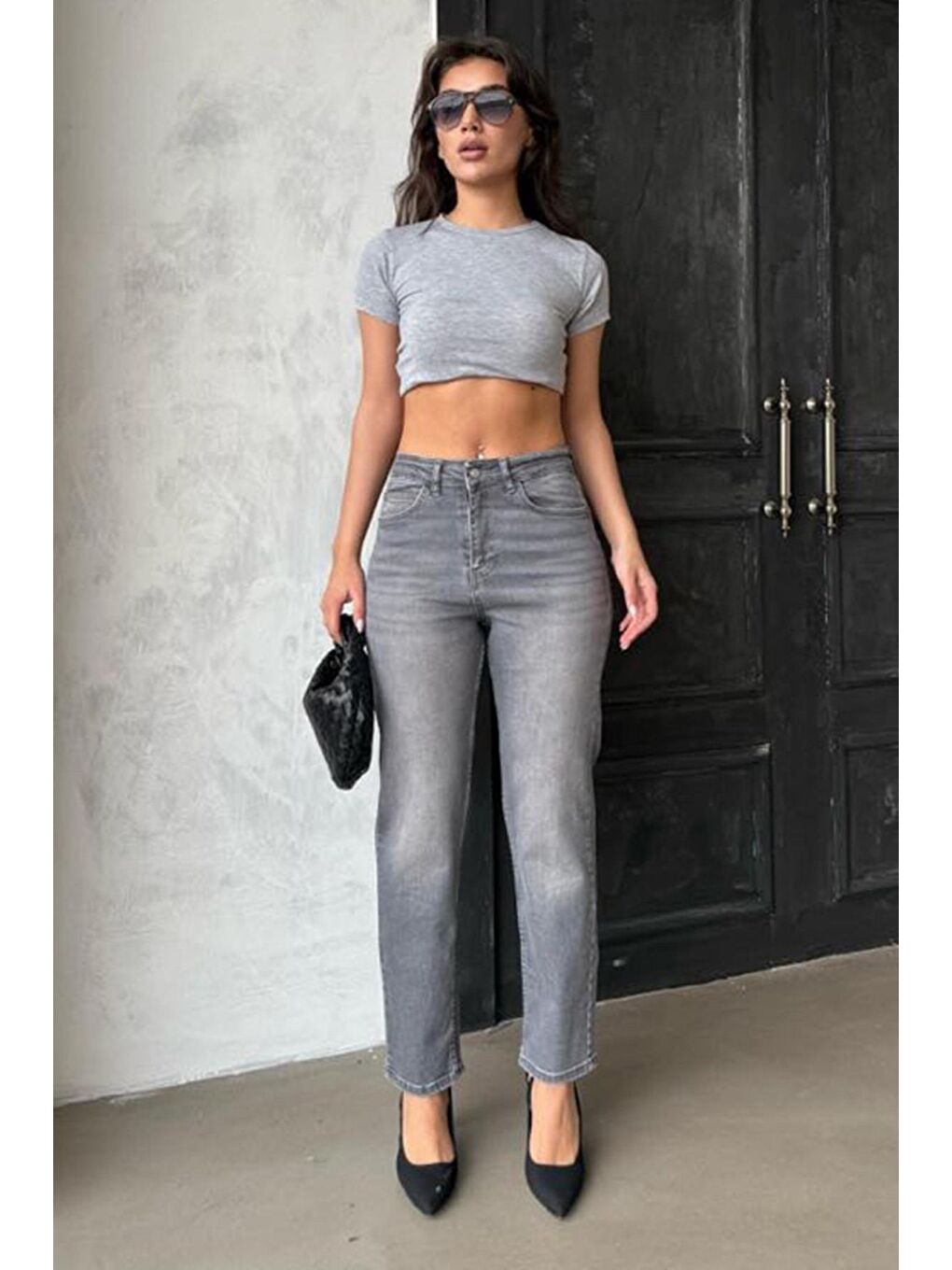Gri Yüksek Bel Kadın Mom Fit Pantolon Mg2389-4