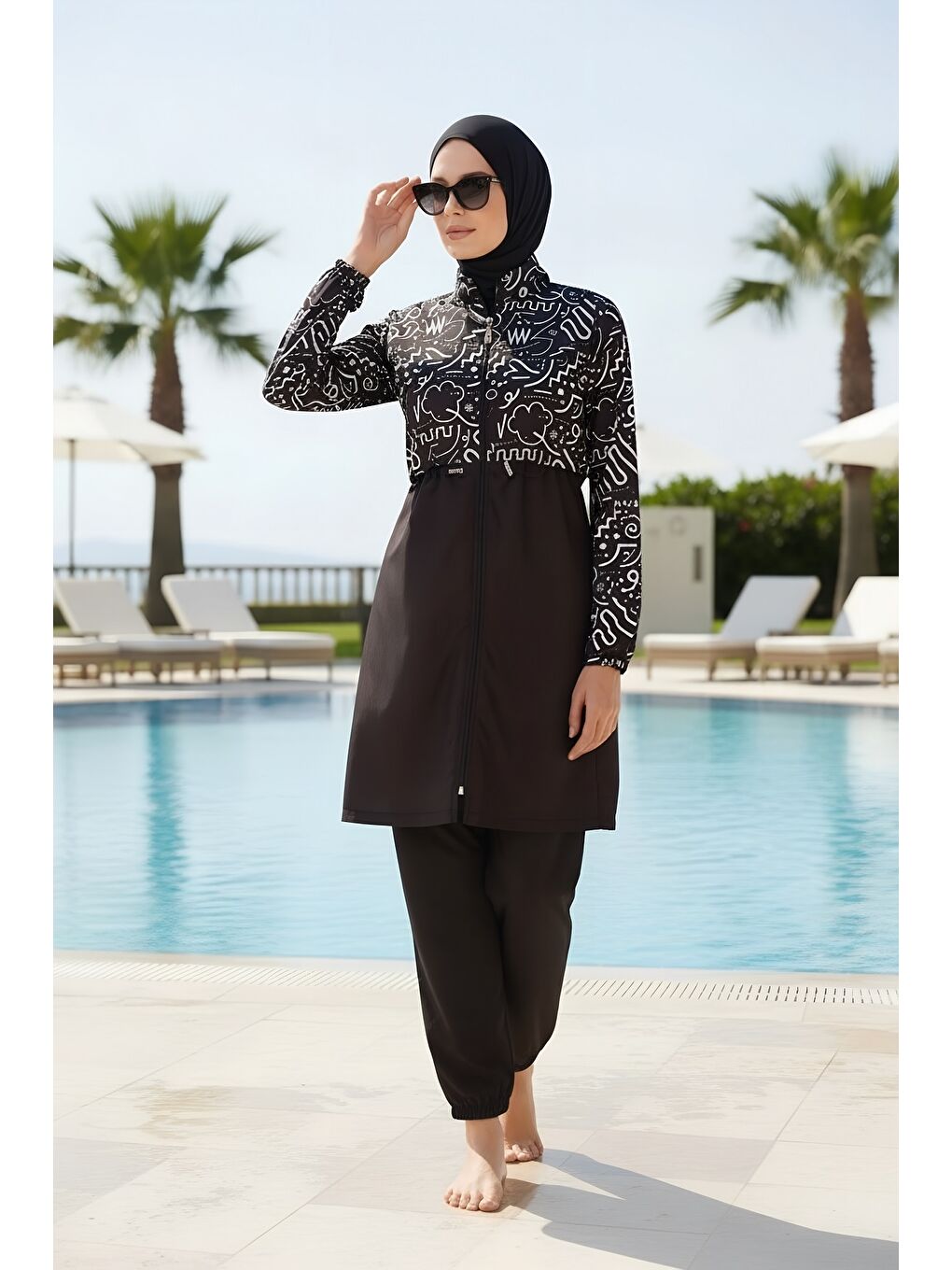 Siyah Hızlı Kuruyan Paraşüt Kumaş Büyük Beden Tam Kapalı Tesettür Mayo 22110