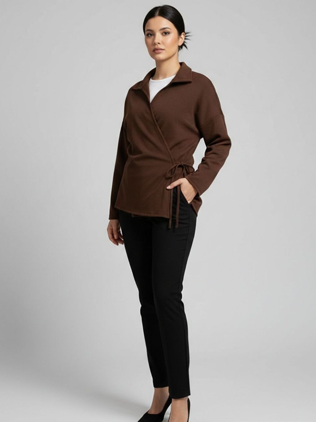 Kadın Kahverengi Elastanlı Krep Kumaş Bel Bağlama Detay Gömlek Yaka Ceket