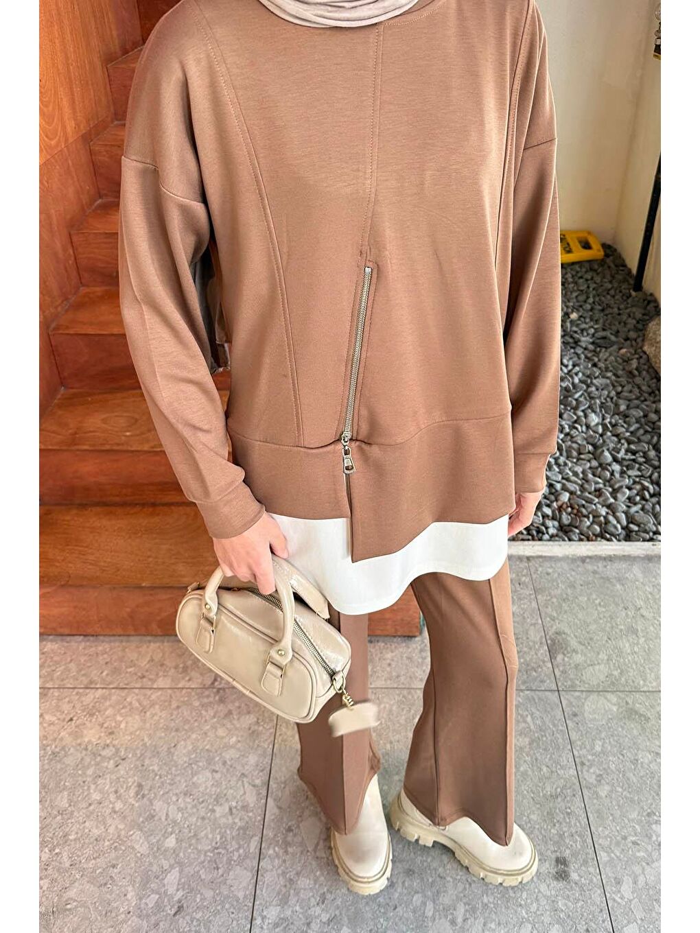 Kahverengi Fermuarlı Garnili Takım Soft Kahve-2