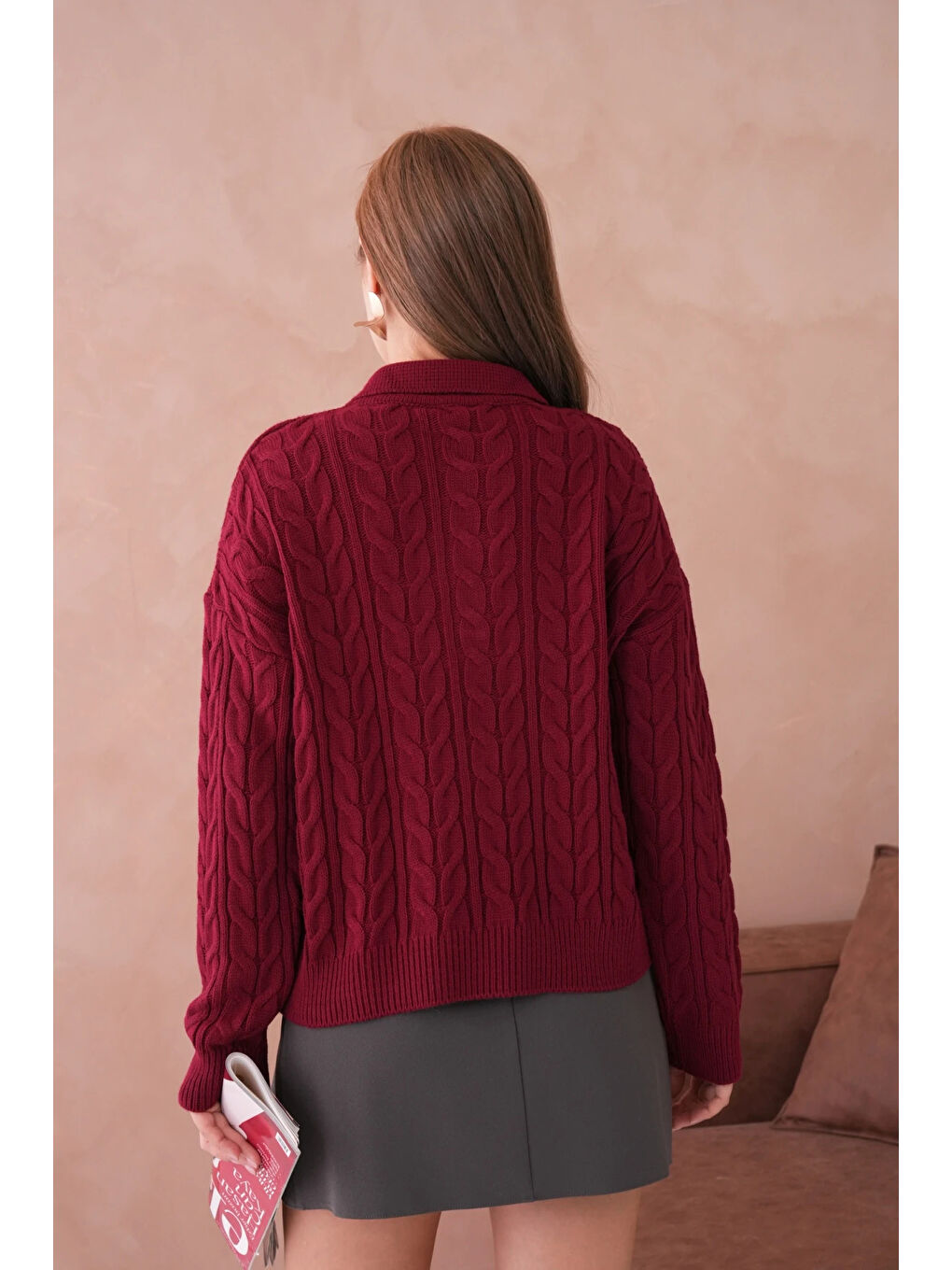 Bordo Kadın Polo Düğme Detay Saç Örgü Triko Kazak-3