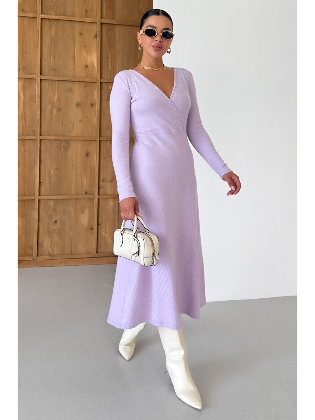 Mor Kadın Eflatun Kruvaze Yakalı Uzun Kollu Midi Boy İnterlok Elbise-1