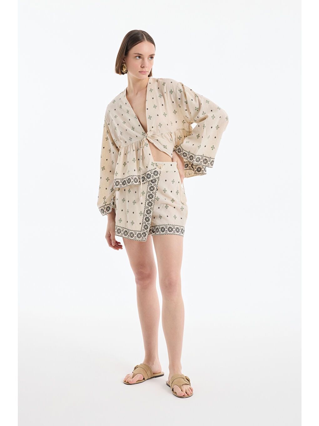 Bej Etnik Desenli Bordürlü Mini Keten Şort Etek Naturel-3