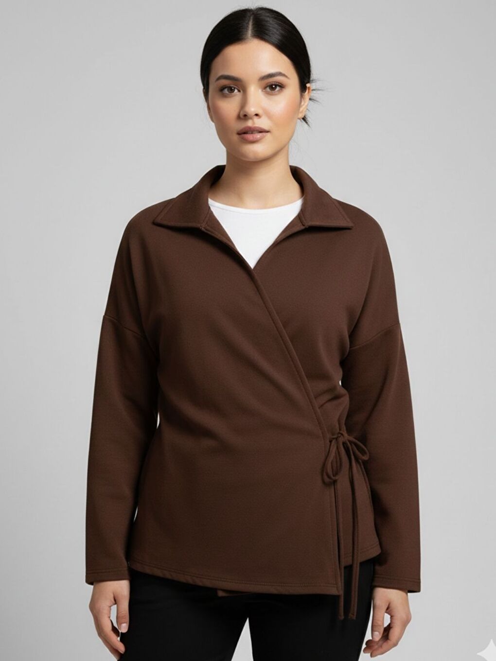 Kadın Kahverengi Elastanlı Krep Kumaş Bel Bağlama Detay Gömlek Yaka Ceket-1