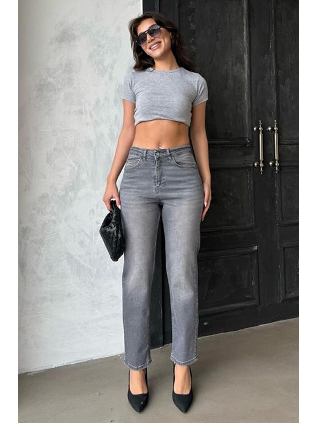 Gri Yüksek Bel Kadın Mom Fit Pantolon Mg2389-5