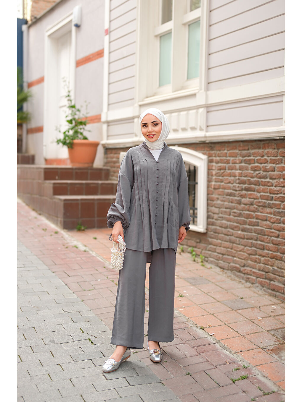 Kadın Süs Dikişli Büzgülü Takım Antrasit-1