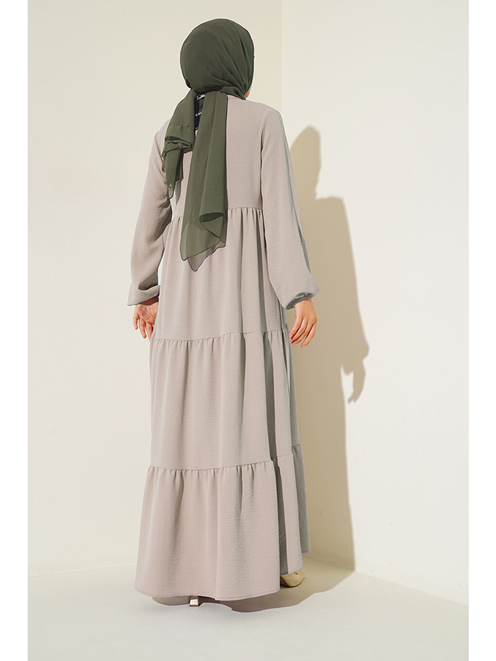 Bej 1627 Yaka Bağcıklı Tesettür Elbise - Taş-2