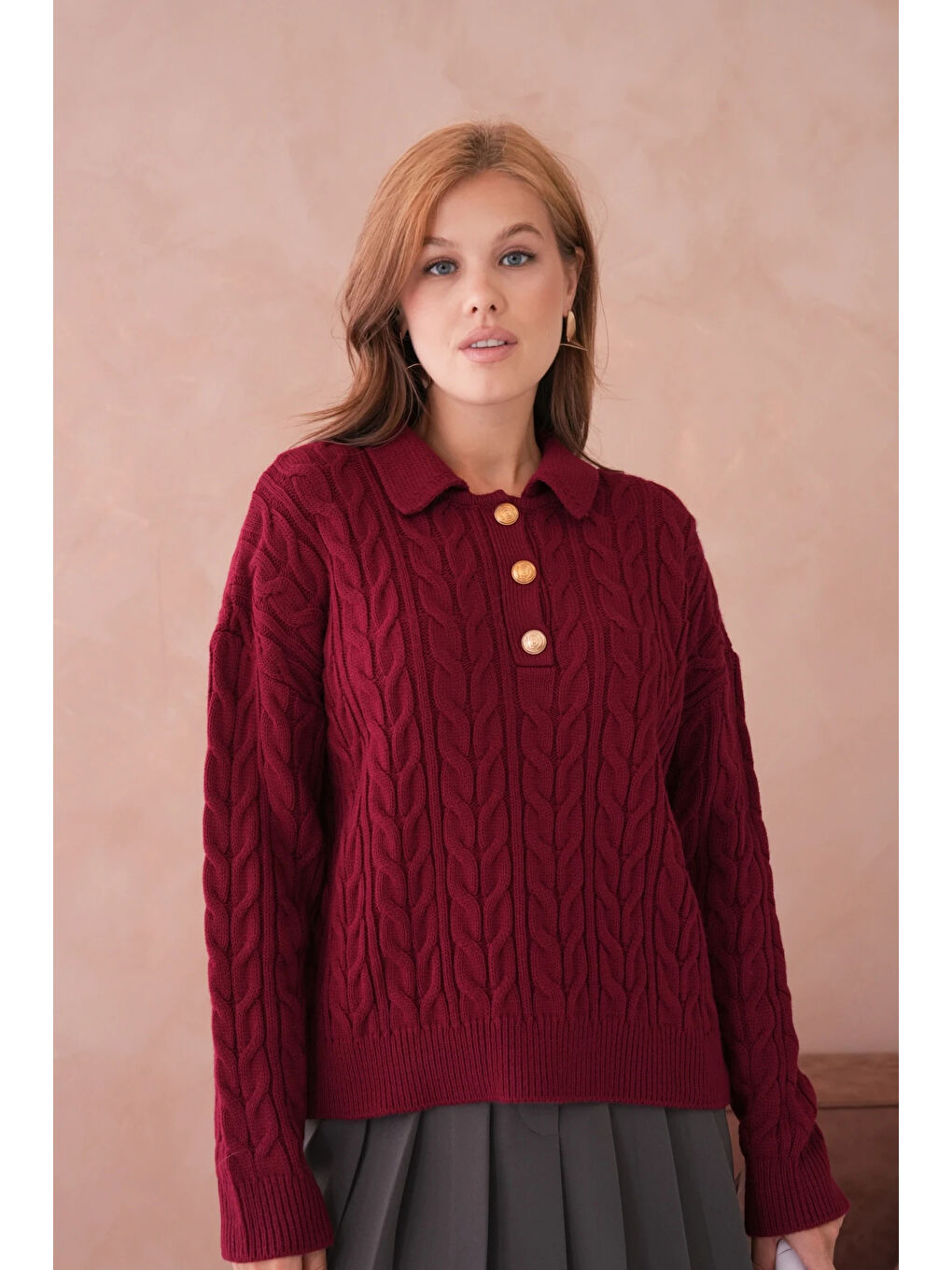 Bordo Kadın Polo Düğme Detay Saç Örgü Triko Kazak-4